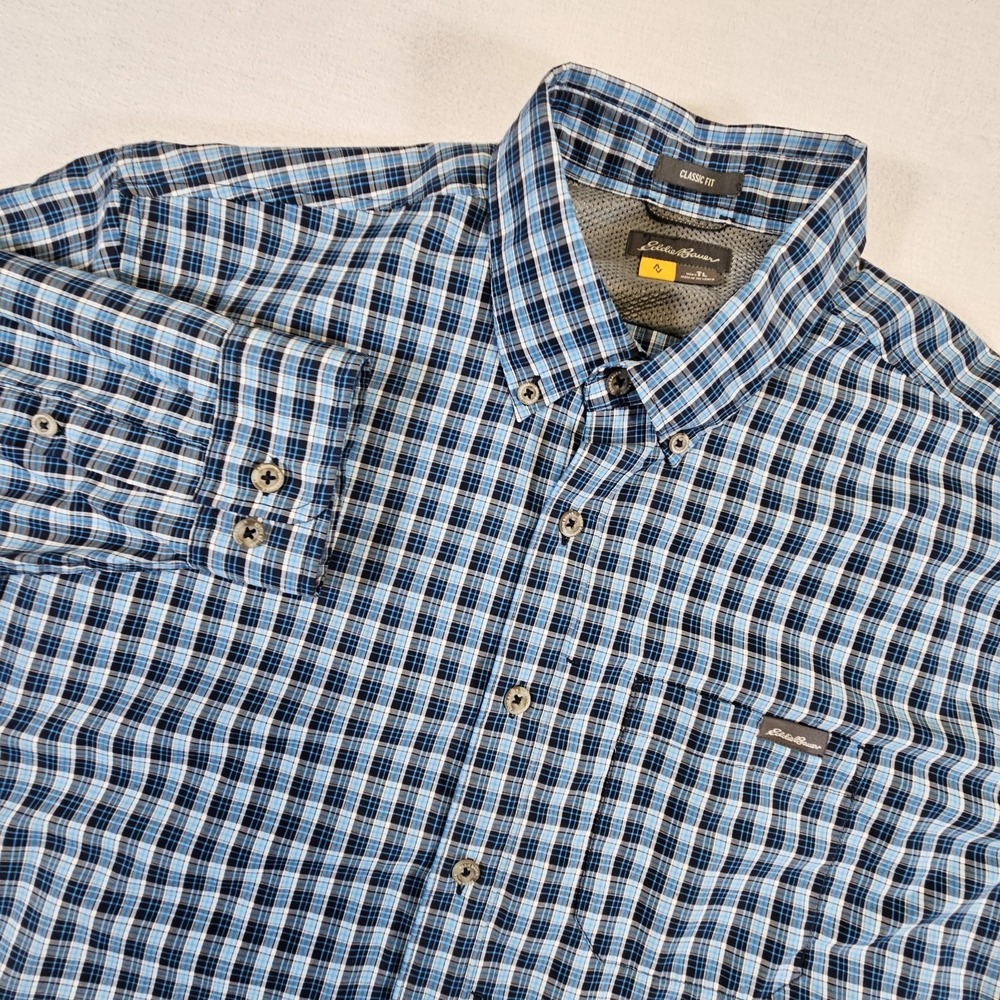 Eddie‎ Bauer Shirt Mens TL Long Sleeve Button Light Blue Plaid Outdoor Hiking